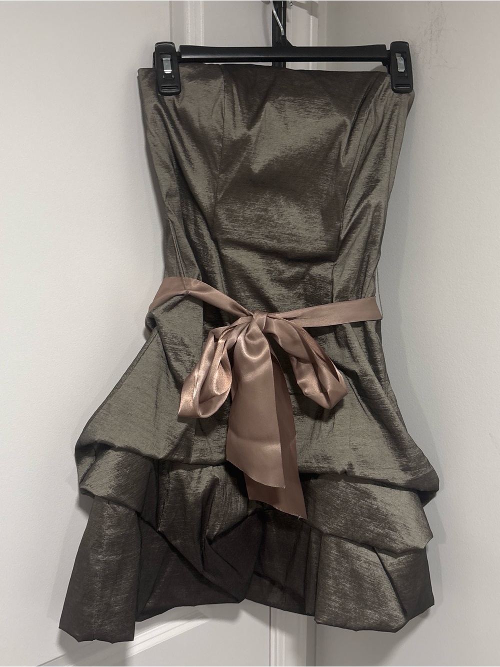 N V Couture Olive Green Party Dress with Satin tan Waist Tie